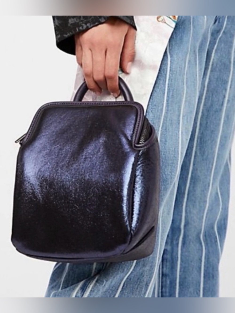 Free People Shimmer Dark Purple Navy Convertible Mini Backpack Purse Bag